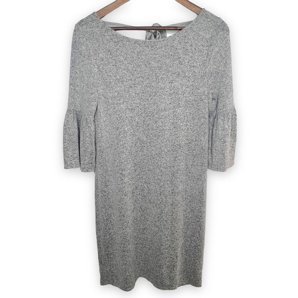 White‎ House Black Market Gray 3/4 Bell Sleeve Boat Neck Tie Mini Dress Small